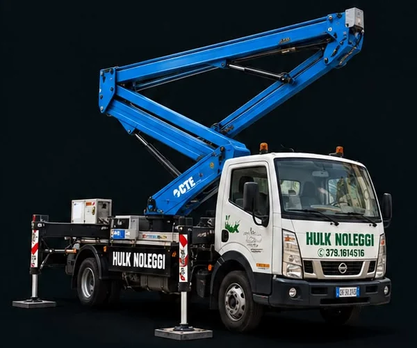 Camion bianco Hulk Noleggi con piattaforma CTE a braccio blu
