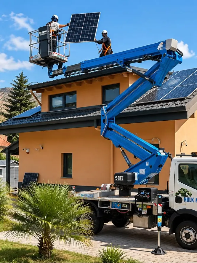 Dal cestello due operatori sollevano un pannello fotovoltaico sul tetto di una villetta